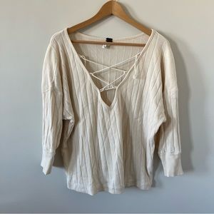 We the Free Free People Cream 2/4 Length Ribbed Rugby Sweater Sz Large